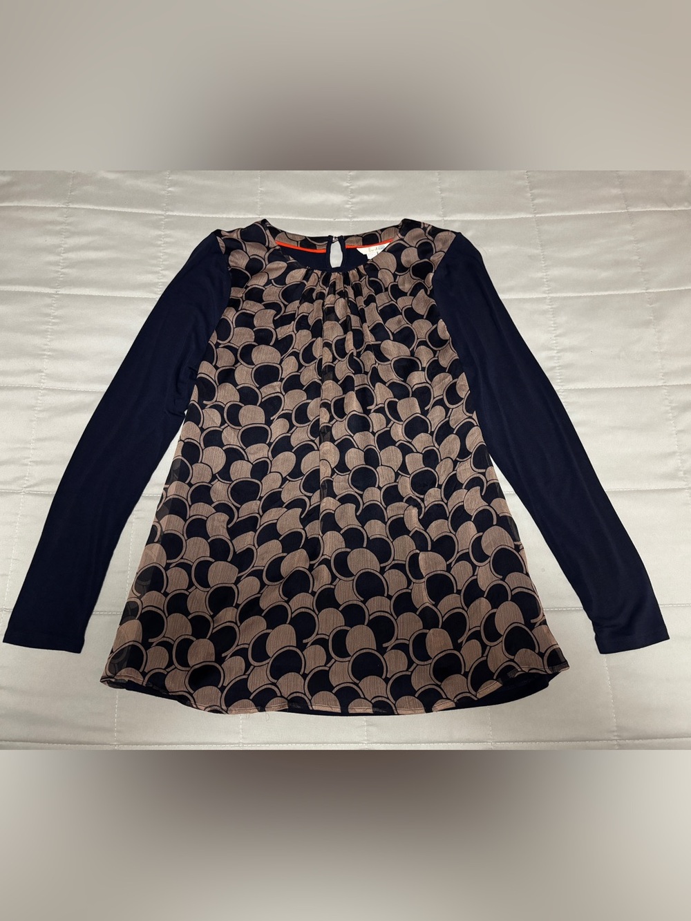 Boden Blue Beige Geometric Jersey Knit Stretch Round Neck Long Sleeve Top US 8
